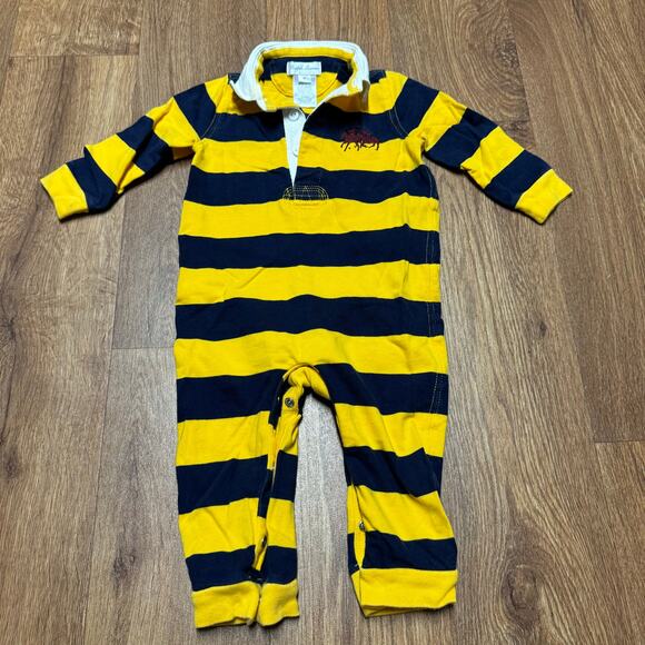 Ralph Lauren Boys One Piece Long Sleeve Pants Romper Yellow Blue Stripe Size 9M - Picture 1 of 5